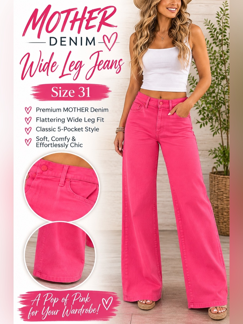 Mother Denim mid Rise maven flood Wide Leg Jeans — Pink